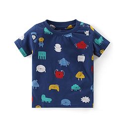 Babyhug Cotton Knit Half Sleeves Printed Night Suit  - Navy Blue