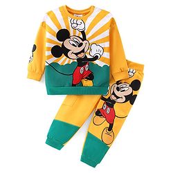 Babyhug Disney Cotton Knit Full Sleeves T-Shirt & Lounge Pants Set With Mickey Mouse Graphics - Yellow