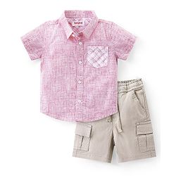 Babyhug Cotton Woven Half Sleeves Striped Regular Collar Shirt & Shorts Set - Pink & Beige