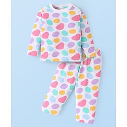 Babyhug Cotton Knit Full Sleeves Printed  Night Suit - White