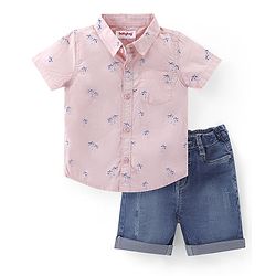 Babyhug Cotton Woven Half Sleeves Shirt & Denim Shorts Set With Palm Tree Print - Pink & Blue