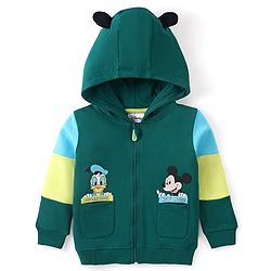 Babyhug Disney Full Sleeves Front Open Hooded Sweatshirt with Mickey Mouse and Friends Graphics & Patch Pocket Detailing- Green