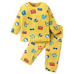 Babyhug Cotton Knit Full Sleeves Night Suit Beach Print - Yellow