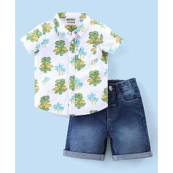Babyhug Cotton Woven Half Sleeves Regular Collar Shirt & Denim Shorts Set With Dino Print - White
