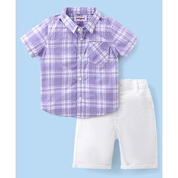 Babyhug Cotton Woven Half Sleeves Checkered Shirt & Shorts Set - Purple & White