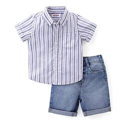 Babyhug Cotton Woven Half Sleeves Striped Shirt & Denim Shorts Set - Multicolor