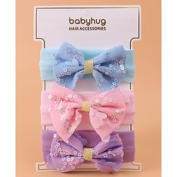 Pine Kids Free Size Headbands With Sequins Bow Applique Pack of 3 - Pink Blue & Purple