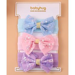 Pine Kids Free Size Headbands With Sequins Bow Applique Pack of 3 - Pink Blue & Purple