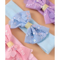 Pine Kids Free Size Headbands With Sequins Bow Applique Pack of 3 - Pink Blue & Purple