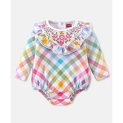 Babyhug 100% Cotton Interlock Knit Full Sleeves  Checked Onesies With Frill & Floral Print - Multicolour