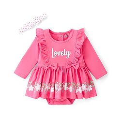 Babyhug 100 % Cotton Knit Full Sleeves Frock Style Onesie with Headband Bow Applique & Floral Print - Pink