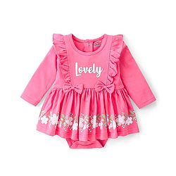 Babyhug 100 % Cotton Knit Full Sleeves Frock Style Onesie with Headband Bow Applique & Floral Print - Pink