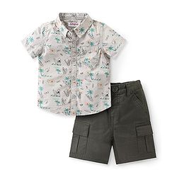 Babyhug Cotton Woven Half Sleeves  Shirt & Shorts Set With Beach Print - White & Green