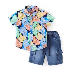 Babyhug Cotton Woven Half Sleeves Tropical Printed  Shirt & Denim Shorts Set - Multicolor