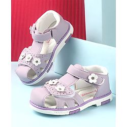 Cute Walk by Babyhug Slip On Sandals with Floral Appliques & Velcro Closure - Purple