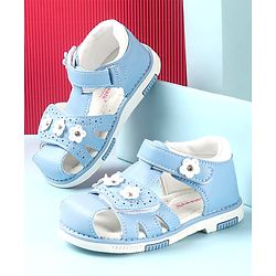 Cute Walk by Babyhug Slip On Sandals with Floral Appliques & Velcro Closure - Blue
