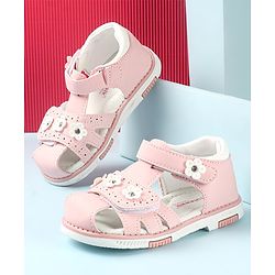 Cute Walk by Babyhug Slip On Sandals with Floral Appliques & Velcro Closure - Pink