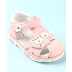 Cute Walk by Babyhug Slip On Sandals with Floral Appliques & Velcro Closure - Pink