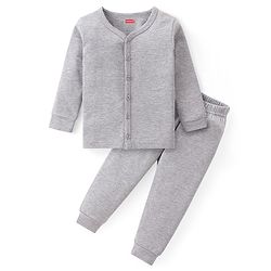 Babyhug Full Sleeves Solid Colour Front Open Thermal Vest & Pant Set - Grey