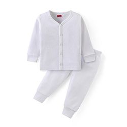Babyhug Cotton Knit Full Sleeves Solid Colour Front Open Thermal Vest & Pant Set - Off White