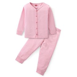 Babyhug Full Sleeves Front Open Solid Thermal Vest & Pant - Pink