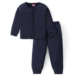 Babyhug Full Sleeves Front Open & Solid Colour Thermal Vest and Pant Set - Navy Blue