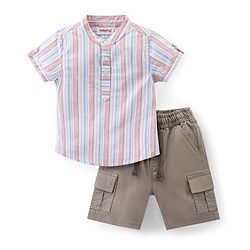 Babyhug Cotton Woven Half Sleeves Striped Mandarin Collar Shirt & Shorts Set - Multicolor