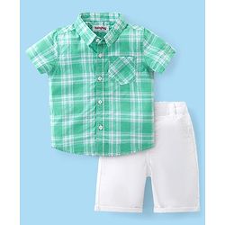 Babyhug Cotton Woven Half Sleeves Checked Shirt & Shorts Set - White & Green