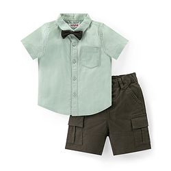 Babyhug Cotton Woven Half Sleeves Regular Collar Shirt & Shorts Set With Bow - Sky Blue