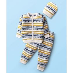 Babyhug Knit Full Sleeves Co-ords Striped Front Open Sweater Set with Cap - Multicolor
