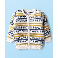 Babyhug Knit Full Sleeves Co-ords Striped Front Open Sweater Set with Cap - Multicolor