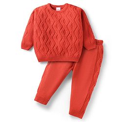 Babyhug Knit Full Sleeves Sweater Set with Cable Knit Design - Orange