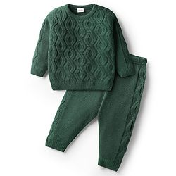 Babyhug Knit Full Sleeves Solid Coloured Pullover Sweater Set With Cable Knit Design - Dark Green