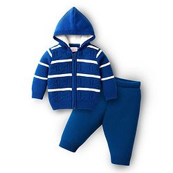 Babyhug Knit Full Sleeves Hooded Sweater Set With Stripes - Blue