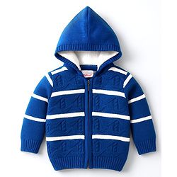 Babyhug Knit Full Sleeves Hooded Sweater Set With Stripes - Blue