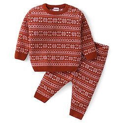 Babyhug Knitted Full Sleeves Intarsia Designed Pullover Sweater Set - Red