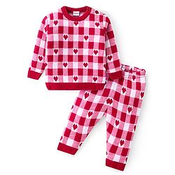 Babyhug Knitted Full Sleeves Sweater Set with Heart & Checks Design - Red & White