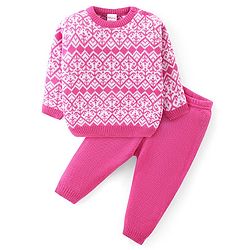 Babyhug Knitted Full Sleeves Sweater Set With Colour Aztec Design - Pink