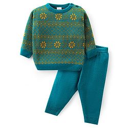 Babyhug Knitted Full Sleeves Pullover   Sweater Set with Intarsia Design - Teal Blue