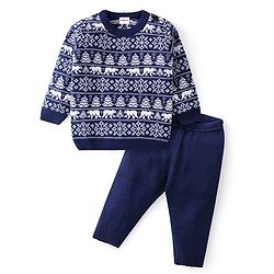 Babyhug Knitted Full Sleeves Sweater Set with Intarsia Design - Navy Blue