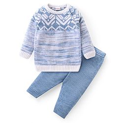 Babyhug Knit Full Sleeves Pullover Sweater Set with Cable Knit Design - Blue