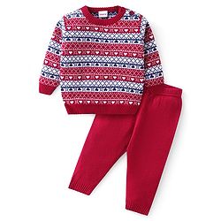 Babyhug Knitted Full Sleeves Sweater Set with Heart Design - Multicolour