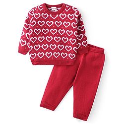 Babyhug Knitted Full Sleeves Sweater Set with Heart Design - Red
