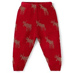 Babyhug Knitted Full Sleeves Front Open Hooded Sweater & Pant With Reindeer Design - Red