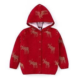 Babyhug Knitted Full Sleeves Front Open Hooded Sweater & Pant With Reindeer Design - Red