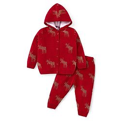 Babyhug Knitted Full Sleeves Front Open Hooded Sweater & Pant With Reindeer Design - Red