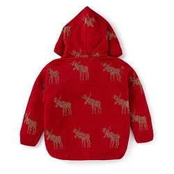 Babyhug Knitted Full Sleeves Front Open Hooded Sweater & Pant With Reindeer Design - Red