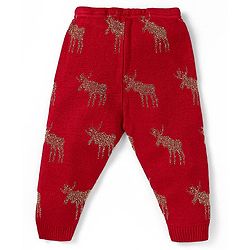 Babyhug Knitted Full Sleeves Front Open Hooded Sweater & Pant With Reindeer Design - Red