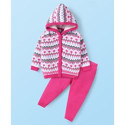 Babyhug Knit Full Sleeves Designed Sweater Set - Dark Pink