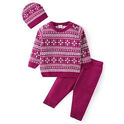 Babyhug Knitted Full Sleeves Sweater Set with Cap Intarsia Design -  Dark Pink